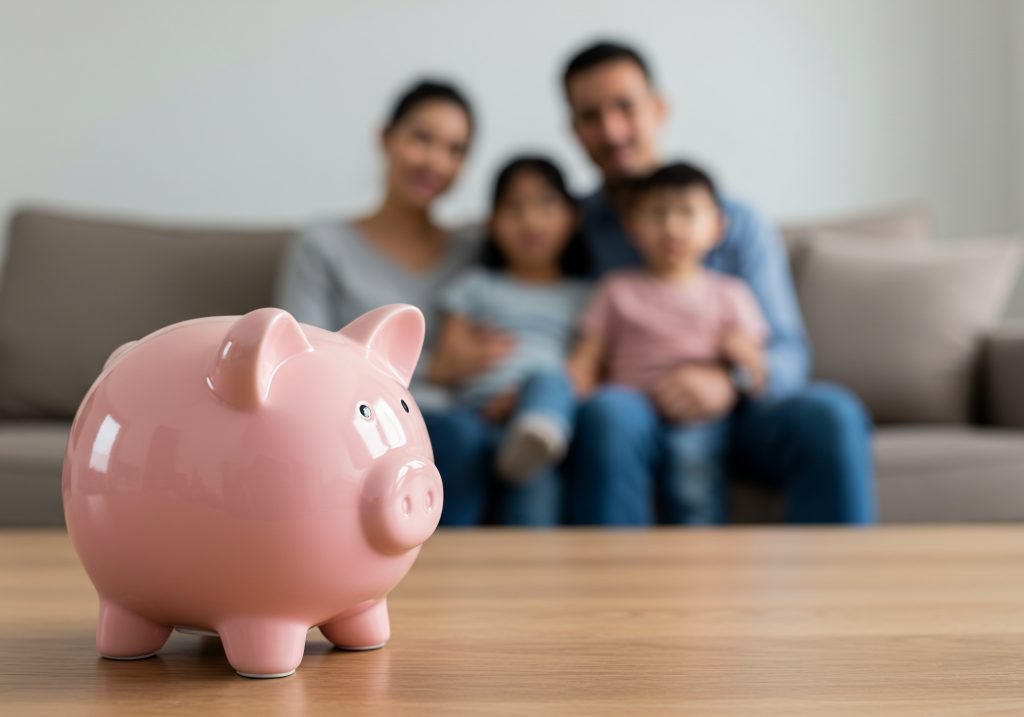 Piggy bank savings with happy family on couch in background, finances, budget